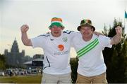 6 September 2012; Republic of Ireland supporters Dave O'Connell, left, and Phil Brennan, both from Inchicore, Dublin, in Astana, Kazakhstan, ahead of the Republic of Ireland's 2014 FIFA World Cup qualifier against Kazakhstan on Friday. Astana, Kazakhstan. Picture credit: David Maher / SPORTSFILE