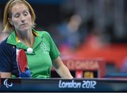 6 September 2012; Ireland's Eimear Breathnach, from Ballinteer, Dublin, in action during her women's team - classes 1-3 quarter-final match against Michela Brunelli, Italy. London 2012 Paralympic Games, Table Tennis, North Arena 1, ExCeL Arena, Royal Victoria Dock, London, England. Picture credit: Brian Lawless / SPORTSFILE