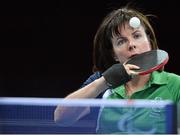 6 September 2012; Ireland's Rena McCarron Rooney, from Buncrana, Co. Donegal, in action during her women's team - classes 1-3 quarter-final match against Pamela Pezzutto, Italy. London 2012 Paralympic Games, Table Tennis, North Arena 1, ExCeL Arena, Royal Victoria Dock, London, England. Picture credit: Brian Lawless / SPORTSFILE