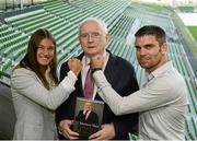 6 September 2012; Olympic Gold medal winner, Katie Taylor, and former WBA Super Bantamweight World Champion, Bernard Dunne, with broadcaster Jimmy Magee at the launch of his autobiography &quot;Memory Man&quot;. Havelock Suite, Aviva Stadium, Lansdowne Road, Dublin. Picture credit: Ray McManus / SPORTSFILE