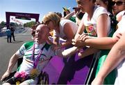 7 September 2012; Ireland's Mark Rohan, from Ballinahown, Co. Westmeath, gets a kiss from his mother Carmel as his sister Laura holds his hand after the men's individual H 1 road race. London 2012 Paralympic Games, Cycling, Brands Hatch, Kent, England. Picture credit: Brian Lawless / SPORTSFILE