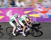 8 September 2012; Ireland's Catherine Walsh, from Swords, Dublin, left, and pilot Francine Meehan, from Killurin, Co. Offaly, compete in the women's individual B road race. London 2012 Paralympic Games, Cycling, Brands Hatch, Kent, England. Picture credit: Brian Lawless / SPORTSFILE