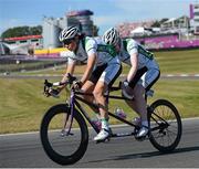 8 September 2012; Ireland's Catherine Walsh, from Swords, Dublin, right, and pilot Francine Meehan, from Killurin, Co. Offaly, compete in the women's individual B road race. London 2012 Paralympic Games, Cycling, Brands Hatch, Kent, England. Picture credit: Brian Lawless / SPORTSFILE