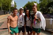 11 August 2012; Ireland's Robert Heffernan, left, and Brendan Boyce, right, with coach William O'Reilly and Marian Heffernan following the men's 50km race walk. London 2012 Olympic Games, Athletics, The Mall, Westminster, London, England. Picture credit: Stephen McCarthy / SPORTSFILE