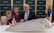 8 September 2012; Iconic Irish broadcaster Jimmy Magee with Alan McGinn, 6 years, Lorna, 4, and Lisa, 2, from Castlerahan, Ballyjamesduff, Co. Cavan, as he signed the 'Get into reading pledge', in Eason O’Connell Street, Dublin. Memory Man is available in all Eason stores nationwide and at easons.com. Jimmy Magee Book Signing, Easons, O'Connell Street, Dublin. Picture credit: Ray McManus / SPORTSFILE
