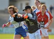8 September 2012; Elaine Harte, Cork, in action against Laura McSweeney, Monaghan. TG4 All-Ireland Ladies Football Senior Championship Semi-Final, Cork v Monaghan, St. Brendan’s Park, Birr, Co. Offaly. Picture credit: Barry Cregg / SPORTSFILE