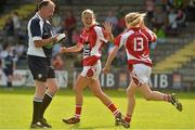8 September 2012; Juliet Murphy, left, Cork, celebrates towards team-mate Nollaig Cleary who scored her side's second goal of the game. TG4 All-Ireland Ladies Football Senior Championship Semi-Final, Cork v Monaghan, St. Brendan’s Park, Birr, Co. Offaly. Picture credit: Barry Cregg / SPORTSFILE