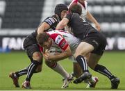 8 September 2012; Darren Cave, Ulster, is tackled by Matthew Morgan, left, and Andrew Bishop, Ospreys. Celtic League, Round 2, Ospreys v Ulster, Liberty Stadium, Swansea, Wales. Picture credit: Steve Pope / SPORTSFILE