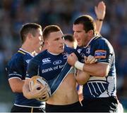 8 September 2012; Andrew Conway, Leinster, is congratulated by Shane Jennings, right, after scoring his side's first try. Celtic League, Round 2, Leinster v Newport Gwent Dragons, RDS, Ballsbridge, Dublin. Picture credit: Stephen McCarthy / SPORTSFILE