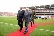 9 September 2012; The President of Ireland Michael D. Higgins and Uachtarán Chumann Lúthchleas Gael Liam Ó Néill after meeting the teams ahead of the game. GAA Hurling All-Ireland Senior Championship Final, Kilkenny v Galway, Croke Park, Dublin. Picture credit: Stephen McCarthy / SPORTSFILE