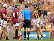 9 September 2012; Henry Shefflin, Kilkenny, speaks to referee Barry Kelly while Galway's David Burke, 10, and Niall Donoghue watch on. GAA Hurling All-Ireland Senior Championship Final, Kilkenny v Galway, Croke Park, Dublin. Picture credit: Pat Murphy / SPORTSFILE