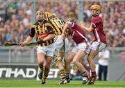 9 September 2012; Kevin Hynes, Galway, takes a knock from Colin Fennelly, 13, Kilkenny, which led to him leaving the pitch for a period of time. GAA Hurling All-Ireland Senior Championship Final, Kilkenny v Galway, Croke Park, Dublin. Picture credit: Brendan Moran / SPORTSFILE