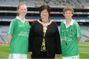 9 September 2012; Anne Fay, President of the INTO, with junior referees Niamh McMahon and Fergal Ryan, both of Scoil Trease, Firhouse, Duilin, ahead of the INTO/RESPECT Exhibition GoGames at the GAA Hurling All-Ireland Senior Championship Final between Kilkenny and Galway. Croke Park, Dublin. Picture credit: Pat Murphy / SPORTSFILE