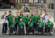 10 September 2012; Team Ireland medal winners, front row, from left, Catherine O'Neill, from New Ross, Co. Wexford, silver medal, discus throw -T51, Eilish Byrne, from Dundalk, Co. Louth, bronze medal, equestrian team championship, Helen Kearney, from Dunlaven, Co. Wicklow, bronze medal, dressage individual freestyle test - Grade Ia, Geraldine Savage, from Dublin, bronze medal, equestrian team championship, and Mark Rohan, from Ballinahown, Co. Westmeath, gold medal, men's individual H 1 road race; back row, from left, Jason Smyth, from Eglinton, Co. Derry, gold medal, men's 200m -T13 and men's 100m -T13, Darragh McDonald, from Gorey, Co. Wexford, gold medal, men's 400m freestlye - S6, Orla Barry, from Ladysbridge, Co. Cork, bronze medal, women's discus throw F57/58, James Dwyer, from Mooncoin, Co. Kilkenny, bronze medal, equestrian team championship, Catherine Walsh, from Swords, Dublin, bronze medal, women's individual B time trial, and silver medal, women's individual B pursuit, Francine Meehan, from Killurin, Co. Offaly, bronze medal, women's individual B time trial, and silver medal, women's individual B pursuit, James Brown, from Stonehouse, England, bronze medal, men's individual B time trial, Damien Shaw, from Mullingar, Co. Westmeath, bronze medal, men's individual B time trial, and Michael McKillop, from Newtownabbey, Co. Antrim, gold medal, 1500m -T37 and 800m -T37, outside the athletes village prior to departure. London 2012 Paralympic Games, Team Ireland Athletes Prepare for Departure, Stratford, London, England. Picture credit: Brian Lawless / SPORTSFILE