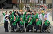 10 September 2012; Team Ireland medal winners, front row, from left, Catherine O'Neill, from New Ross, Co. Wexford, silver medal, discus throw -T51, Eilish Byrne, from Dundalk, Co. Louth, bronze medal, equestrian team championship, Helen Kearney, from Dunlaven, Co. Wicklow, bronze medal, dressage individual freestyle test - Grade Ia, Geraldine Savage, from Dublin, bronze medal, equestrian team championship, and Mark Rohan, from Ballinahown, Co. Westmeath, gold medal, men's individual H 1 road race; back row, from left, Jason Smyth, from Eglinton, Co. Derry, gold medal, men's 200m -T13 and men's 100m -T13, Darragh McDonald, from Gorey, Co. Wexford, gold medal, men's 400m freestlye - S6, Orla Barry, from Ladysbridge, Co. Cork, bronze medal, women's discus throw F57/58, James Dwyer, from Mooncoin, Co. Kilkenny, bronze medal, equestrian team championship, Catherine Walsh, from Swords, Dublin, bronze medal, women's individual B time trial, and silver medal, women's individual B pursuit, Francine Meehan, from Killurin, Co. Offaly, bronze medal, women's individual B time trial, and silver medal, women's individual B pursuit, James Brown, from Stonehouse, England, bronze medal, men's individual B time trial, Damien Shaw, from Mullingar, Co. Westmeath, bronze medal, men's individual B time trial, and Michael McKillop, from Newtownabbey, Co. Antrim, gold medal, 1500m -T37 and 800m -T37, outside the athletes village prior to departure. London 2012 Paralympic Games, Team Ireland Athletes Prepare for Departure, Stratford, London, England. Picture credit: Brian Lawless / SPORTSFILE