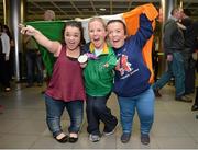 10 September 2012; Team Ireland's Catherine O'Neill, from New Ross, Co. Wexford, silver medal, discus throw -T51, with Yvonne McCloskey, from Castleknock, left, and Hayley Fitzsimons, from Waterford, pictured on her arrival home from the London 2012 Paralympic Games. Dublin Airport, Dublin. Picture credit: Brian Lawless / SPORTSFILE