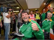 10 September 2012; Team Ireland's Gay Shelly, Boccia, from Kilkenny, pictured on his arrival home from the London 2012 Paralympic Games. Dublin Airport, Dublin. Picture credit: Brian Lawless / SPORTSFILE