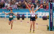 12 August 2012; Samantha Murray, Great Britain, celebrates taking second place ahead of Yane Marques, Brazil, in the women's modern pentathlon. London 2012 Olympic Games, Modern Pentathlon, Copper Box, Olympic Park, Stratford, London, England. Picture credit: Stephen McCarthy / SPORTSFILE