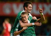 11 September 2012; Northern Ireland's Dean Shiels, right, celebrates with team-mate Kyle Lafferty after scoring his side's first goal. 2014 FIFA World Cup Qualifier Group F, Northern Ireland v Luxembourg, Windsor Park, Belfast, Co. Antrim. Picture credit: Oliver McVeigh / SPORTSFILE