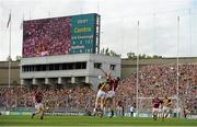 9 September 2012; Aidan Fogarty, Kilkenny, contests a dropping ball with David Collins, Galway, as Kilkenny trail by 6 points after 22 minutes of the game. GAA Hurling All-Ireland Senior Championship Final, Kilkenny v Galway, Croke Park, Dublin. Picture credit: Brendan Moran / SPORTSFILE