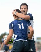 12 September 2012; James McCormack, Leinster, is congratulated by team-mate Harrison Brewer, right, after scoring a try. Under 18 Schools Interprovincial, Munster v Leinster, Thomond Park, Limerick. Picture credit: Stephen McCarthy / SPORTSFILE
