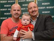 13 September 2012; Former Liverpool FC manager Rafa Benitez with Paul Moore and his son Emlyn, age 4 months, from Finglas, Dublin, during a signing session for his new book, Champions League Dreams, which is available from Eason stores nationwide and from easons.com. Rafa Benitez Book Signing, Easons, O'Connell Street, Dublin. Picture credit: Brian Lawless / SPORTSFILE