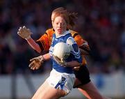 25 October 1998; Geraldine O'Ryan of Waterford in action against Cathriona Brady of Monaghan the All-Ireland Senior Ladies' Football Championship Final Replay match between Waterford and Monaghan at Croke Park in Dublin. Photo by Brendan Moran/Sportsfile