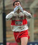 21 April 1996; Derry's Joe Brolly celebrates after scoring a goal during the Church & General National Football League Semi-Final match between Derry and Mayo at Croke Park in Dublin. Photo by Ray McManus/Sportsfile