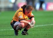 25 October 1998; A dejected Mairead Kelly of Monaghan after the All-Ireland Senior Ladies' Football Championship Final Replay match between Waterford and Monaghan at Croke Park in Dublin. Photo by Brendan Moran/Sportsfile