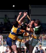 9 August 1998; Brian Quinn, 4, and Liam Doyle of Clare in action against Jonny Dooley, 10, and Michael Duignan of Offaly during the Guinness All-Ireland Senior Hurling Championship semi-final match between Offaly and Clare at Croke Park in Dublin. Photo by Brendan Moran/Sportsfile