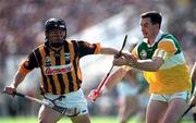 13 September 1998; PJ Delaney of Kilkenny in action against Kevin Kinahan of Offaly during the Guinness All-Ireland Senior Hurling Championship Final match between Offaly and Kilkenny at Croke Park in Dublin. Photo by Brendan Moran/Sportsfile
