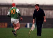 22 November 1998; A linesman indicates to David Cuddy of Leinster the position his '65' should be taken from during the Railway Cup Final match between Leinster and Connacht at Nowlan Park in Kilkenny. Photo by Matt Browne/Sportsfile