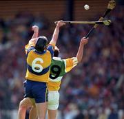 23 August 1998; Sean McMahon of Clare in action against Johnny Pilkington of Offaly during the Guinness All-Ireland Senior Hurling Championship semi-final replay match between Offaly and Clare at Croke Park in Dublin. Photo by Damien Eagers/Sportsfile