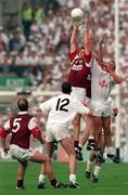 27 September 1998; Shay Walsh and Sean O Domhnaill of Galway and Seamus Dowling of Kildare all rise for the ball watched by Galway captain Ray Silke, 5, and Kildare's Dermot Earley during the All-Ireland Senior Football Final match between Galway and Kildare at Croke Park in Dublin. Photo by Brendan Moran/Sportsfile