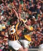13 September 1998; Simon Whelahan of Offaly in action against Charlie Carter of Kilkenny during the Guinness All-Ireland Senior Hurling Championship Final match between Offaly and Kilkenny at Croke Park in Dublin. Photo by Brendan Moran/Sportsfile