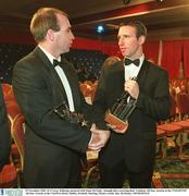 29 November 2002; D.J Carey, Kilkenny pictured with Enda McNulty, Armagh after receiving their Vodafone All Star Awards at the VODAFONE All-Star Awards at the CityWest Hotel, Dublin. Football. Hurling. Picture credit; Ray McManus / SPORTSFILE