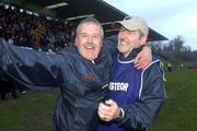 1 December 2002; Errigal Ciaran manager Mickey Harte, right, celebrates with Gerard McCann, assistant manager, after victory over Enniskillen. Errigal Ciaran v Enniskillen, Ulster Club Final, St. Tighearnachs Park, Clones, Co. Monaghan. Picture credit; Damien Eagers / SPORTSFILE *EDI*