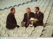 6 December 2002; Pictured at the launch of the draw for the Sigerson and Fitzgibbon cup with new sponsors Datapac are Michael Jordan, Wexford hurler and Datapac employee, left, David Laird, Datapac Managing Director and David Fitzgerald, Clare hurler. Croke Park, Dublin. Picture credit; David Maher / SPORTSFILE