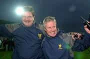 7 December 2002; The Leinster coach Matt Williams, right, and his assistant Willie Anderson celebrate the victory over Montferrand. Heineken Cup Rugby, Montferrand v Leinster, Clermot Ferrand, France. Picture credit; Damien Eagers / SPORTSFILE *EDI*