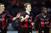 8 December 2002; Kevin Hunt, Bohemians, celebrates after scoring his sides first goal with team-mates Stephen Caffrey, left and Mark Rutherford, right. eircom League Premier Division, Bray Wanderers v Bohemians, Carlisle Grounds, Bray, Co. Wicklow. Soccer. Picture credit; David Maher / SPORTSFILE *EDI*