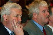 12 December 2002; Brendan Menton, left, FAI, and Milo Corcoran, FAI president, pictured after the announcement from UEFA of the winning bid for 2008 went to Austria / Switzerland. Inter Continental Hotel, Geneva, Switzerland. Soccer. Picture credit; David Maher / SPORTSFILE *EDI*