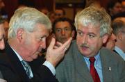 12 December 2002; Brendan Menton, left, FAI, chats with FAI President Milo Corcoran after the announcement from UEFA that the winning bid for 2008 went to Austria / Switzerland. Inter Continental Hotel, Geneva, Switzerland. Soccer. Picture credit; David Maher / SPORTSFILE *EDI*