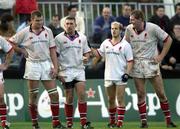 14 December 2002; Ulster players from l to r; Jeremy Davidson, Justin Fitzpatrick, Scott Young and Gary Longwell pictured after Biarritz had scored their third try. Biarritz v Ulster, Heineken Cup Rugby, Stade Aguilera, Biarritz, France. Picture credit; Damien Eagers / SPORTSFILE *EDI*