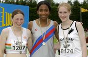 27 July 2002; Winner of the U.18 100m Hurdle Final Shireen McDonagh, Dundrum Sth Dublin  AC, centre, with runner-up Sandra Williams , Borrisokane, left, and 3rd place Kathleen Freyne, Mullinavat, at the Lucozade Sport AAI Juvenile Track & Field Championship of Ireland 2002, Tullamore Harriers Stadium, Tullamore Co. Offaly. Picture credit; Ray McManus / SPORTSFILE *EDI*
