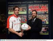 16 December 2002; Kieran McGeeney, All Star Armagh captain and player of the year pictured with Sean Kelly, President Elect of the GAA, Gaelic Gear in association with Kieran McGeeney launches their juvenile Gaelic collection for the young stars of the future, GAA Museum, Croke Park. Picture credit; Damien Eagers / SPORTSFILE