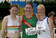 27th July 2002; Winner of the U.18 High Jump Sharon Heveran, Westport AC, with runner-up Sandra Williams, left, Borrisokane and 3rd place Marcella Cullen, right, Bree, Co Wexford at the Lucozade Sport AAI Juvenile Track & Field Championship of Ireland 2002, Tullamore Harriers Stadium, Tullamore, Co. Offaly. Athletics. Picture credit; Ray McManus / SPORTSFILE *EDI*