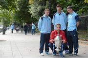 13 September 2012; St. Patrick's Athletic's Ger O'Brien with Drogheda United players, from left, Philip Hand, John Sullivan and Eric Foley at a photocall ahead of their side's FAI Ford Cup Quarter-Final which takes place tomorrow. Ely Place, Dublin. Picture credit: Stephen McCarthy / SPORTSFILE