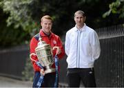 13 September 2012; Shelbourne's Lorcan Fitzgerald, left, and Colin Hawkins, Shamrock Rovers, at a photocall ahead of their side's FAI Ford Cup Quarter-Final which takes place tomorrow. Ely Place, Dublin. Picture credit: Stephen McCarthy / SPORTSFILE