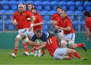 14 September 2012; Ed Byrne, Leinster, is tackled by Adrian Enright, Munster. Under 20 Interprovincial, Leinster v Munster, Donnybrook Stadium, Donnybrook, Dublin. Picture credit: Barry Cregg / SPORTSFILE