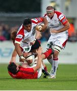 14 September 2012; Nick Williams, Ulster, is tackled by Sean Dougall, Munster. Celtic League 2012/13, Round 3, Ulster v Munster, Ravenhill Park, Belfast, Co. Antrim. Picture credit: John Dickson / SPORTSFILE